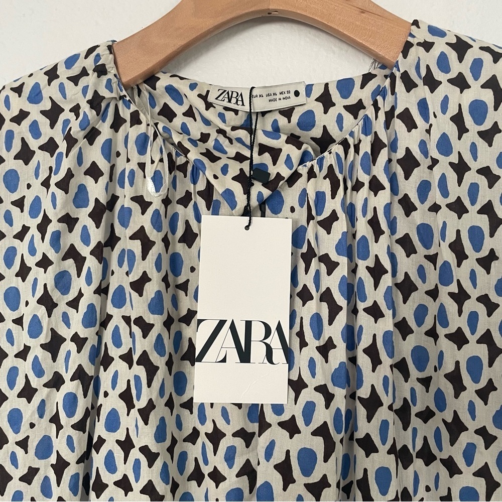ZARA Dress Womens XL Brown Blue Patchwork Tiered Long Flowy Bohemian Cotton NWT - Picture 11 of 13